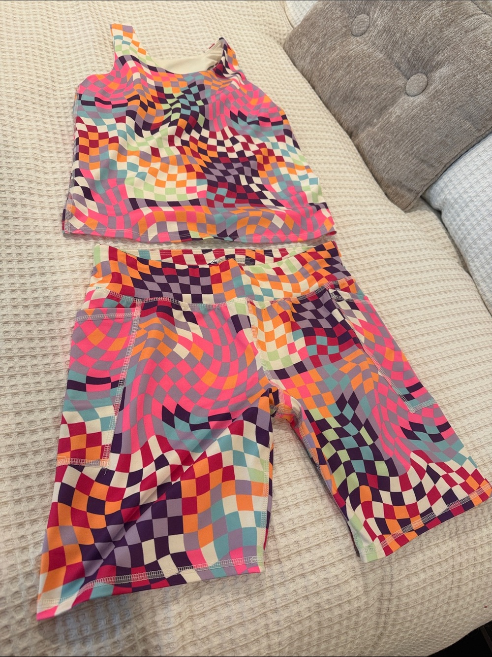 Athletic Works Pink, Purple, Teal & Orange Checkerboard Tank & Bike Shorts Set.